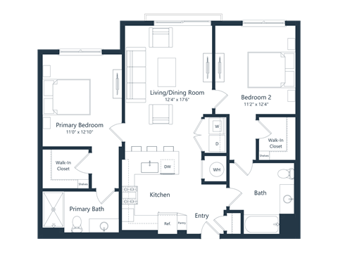 Floor plan for 2 beds, 2 baths, 1108 sqft